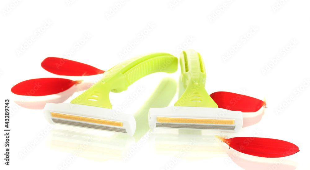 woman safety shavers and red petals isolated on white. woman safety shavers and red petals isolated on white.