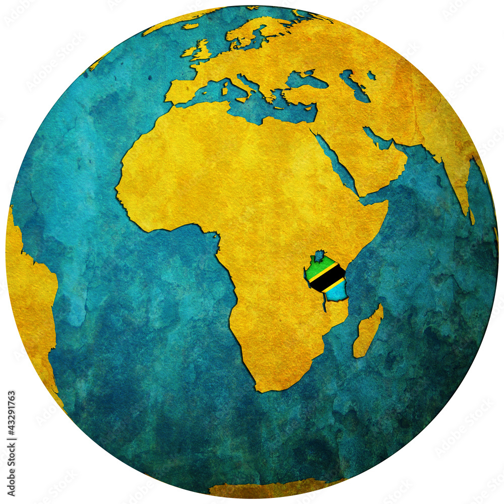 tanzania flag on globe map - obrazy, fototapety, plakaty 
