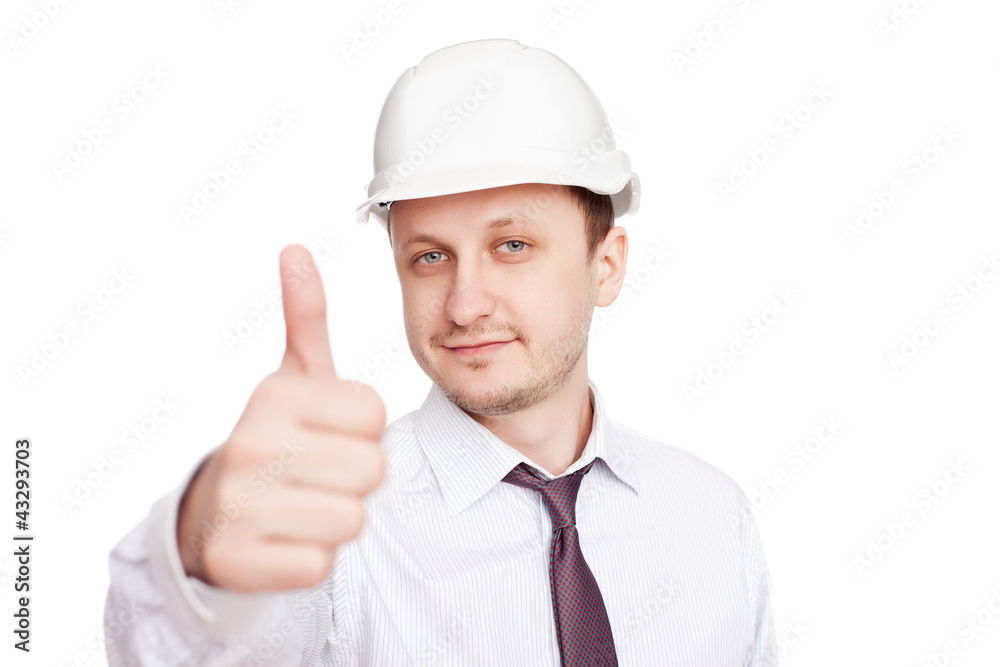 Successful engineer with thumbs up gesture isolated on white bac