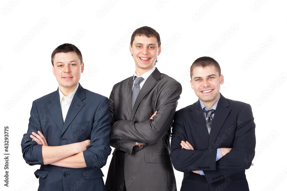 Three young smiling business men standing with folded hands isol Three young smiling business men standing with folded hands isol