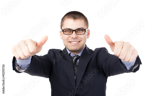 smiling happy young businessman hands make thumbs up isolated on