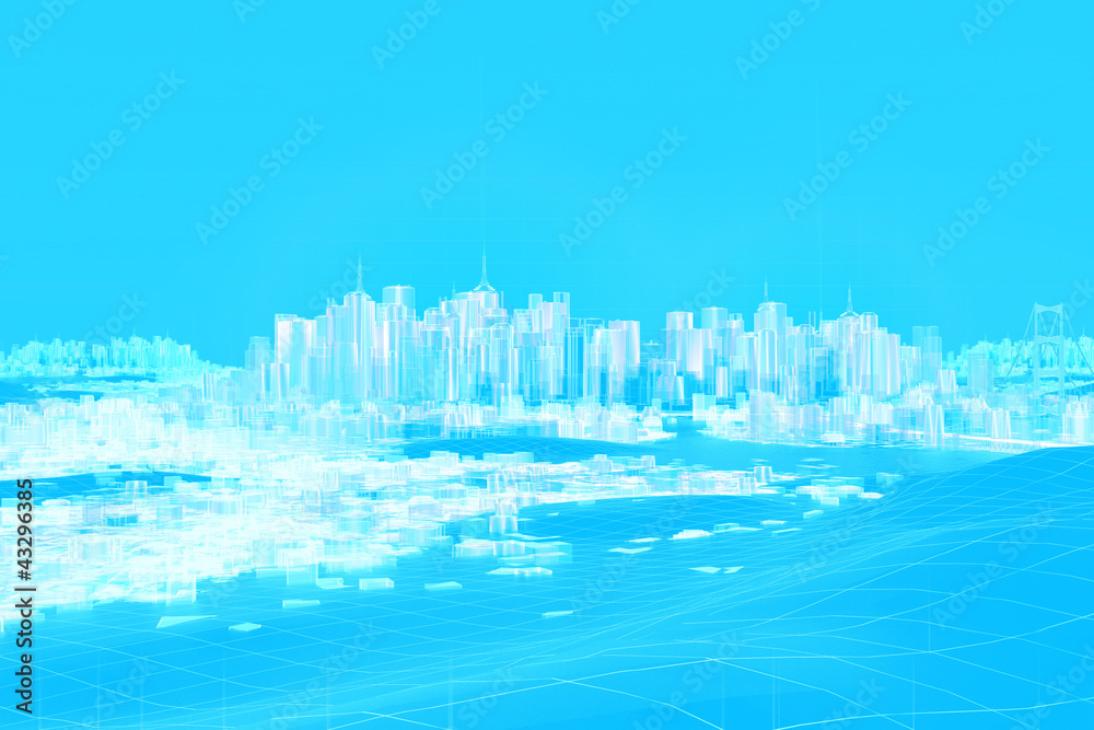Digitale Stadt futuristisches 3D Konzept hellblau weiß
