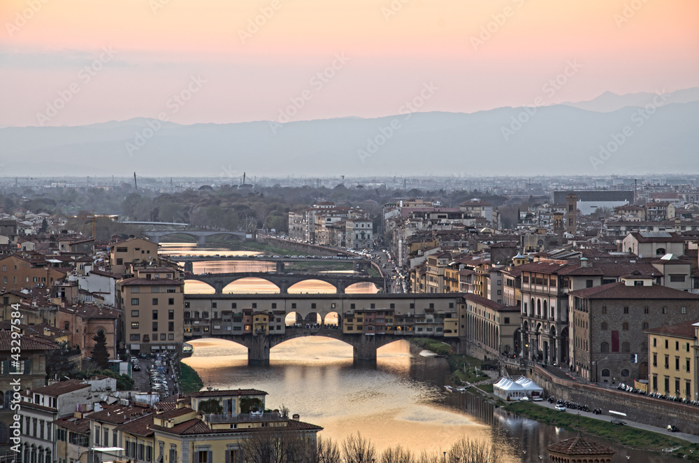 Beautiful sunset over the river Arno in Florence, Italy,