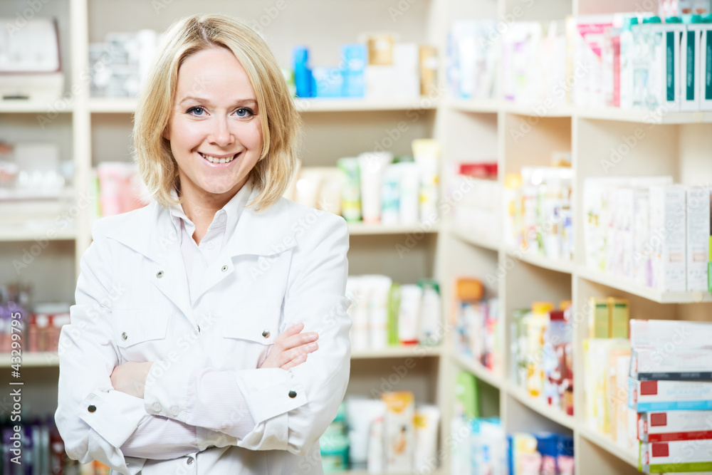 Pharmacy chemist woman in drugstore