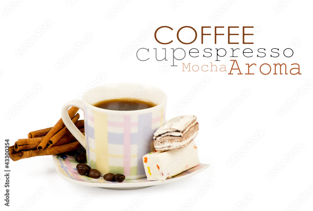 Coffee cup with sweets an cinnamon on white background Coffee cup with sweets an cinnamon on white background