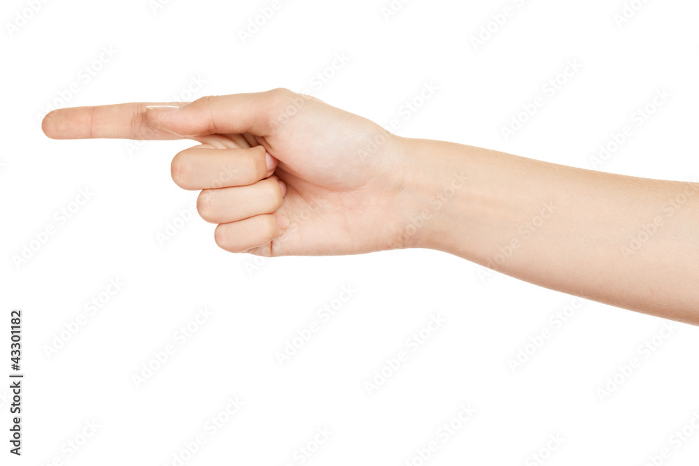 Woman hand. Gesture direction on the left Woman hand. Gesture direction on the left