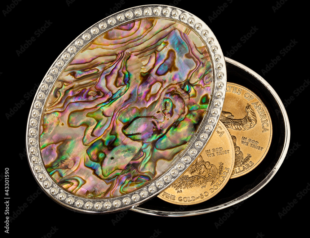 Iridescent mother of pearl box gold coins