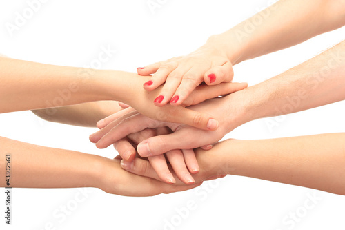 group of young people's hands isolated on white