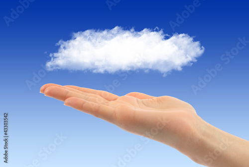 Cloud computing concept with woman hand 