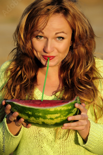 beautiful woman, eating, health, smiling, watermelon photo