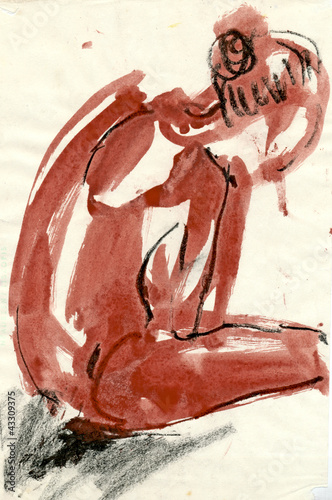 sitting ballerina, black charcoal and water colors)