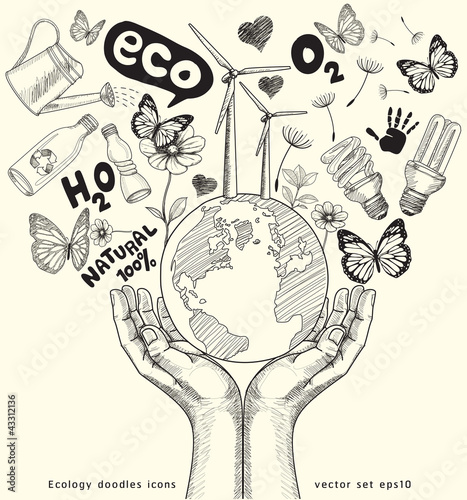 Green world concept. Tree on the earth in hands . Ecology doodle