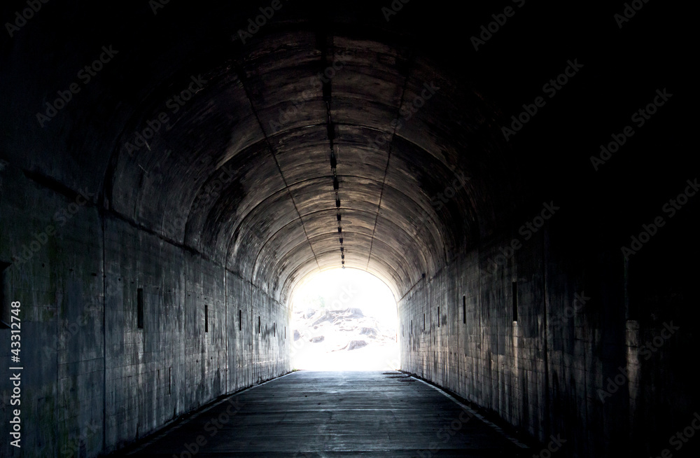 Long Dark Tunnel With Light At The End - obrazy, fototapety, plakaty 