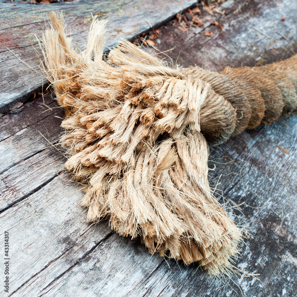Wall Mural Frayed end of sisal rope lying on weathered wood