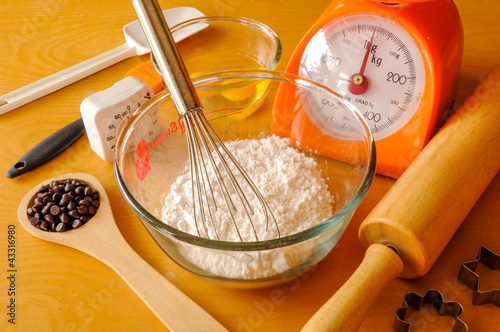 Baking ingredients with utensils