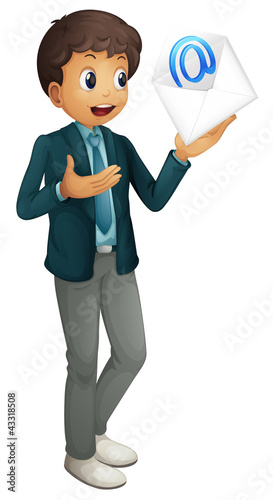 a boy holding mail envelop