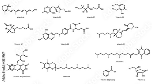 Chemical structures of all vitamins (except B12).