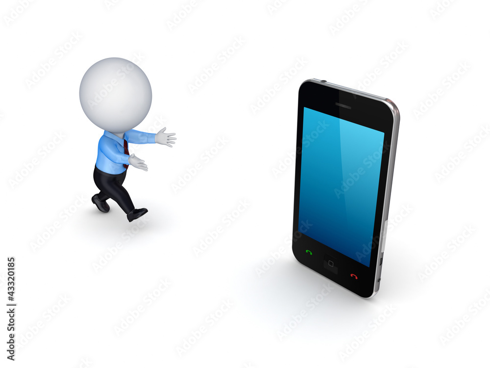 3d small person and modern mobile phone. 3d small person and modern mobile phone.