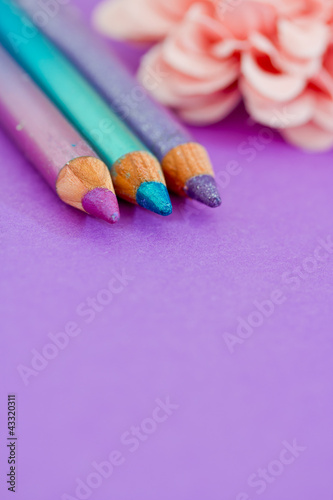 eyepencils and eyeshadows on purple with petals photo