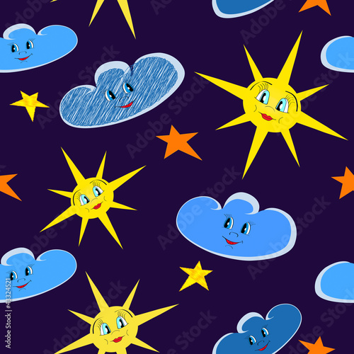 Happy smiling sun, clouds, stars seamless illustration on dark n