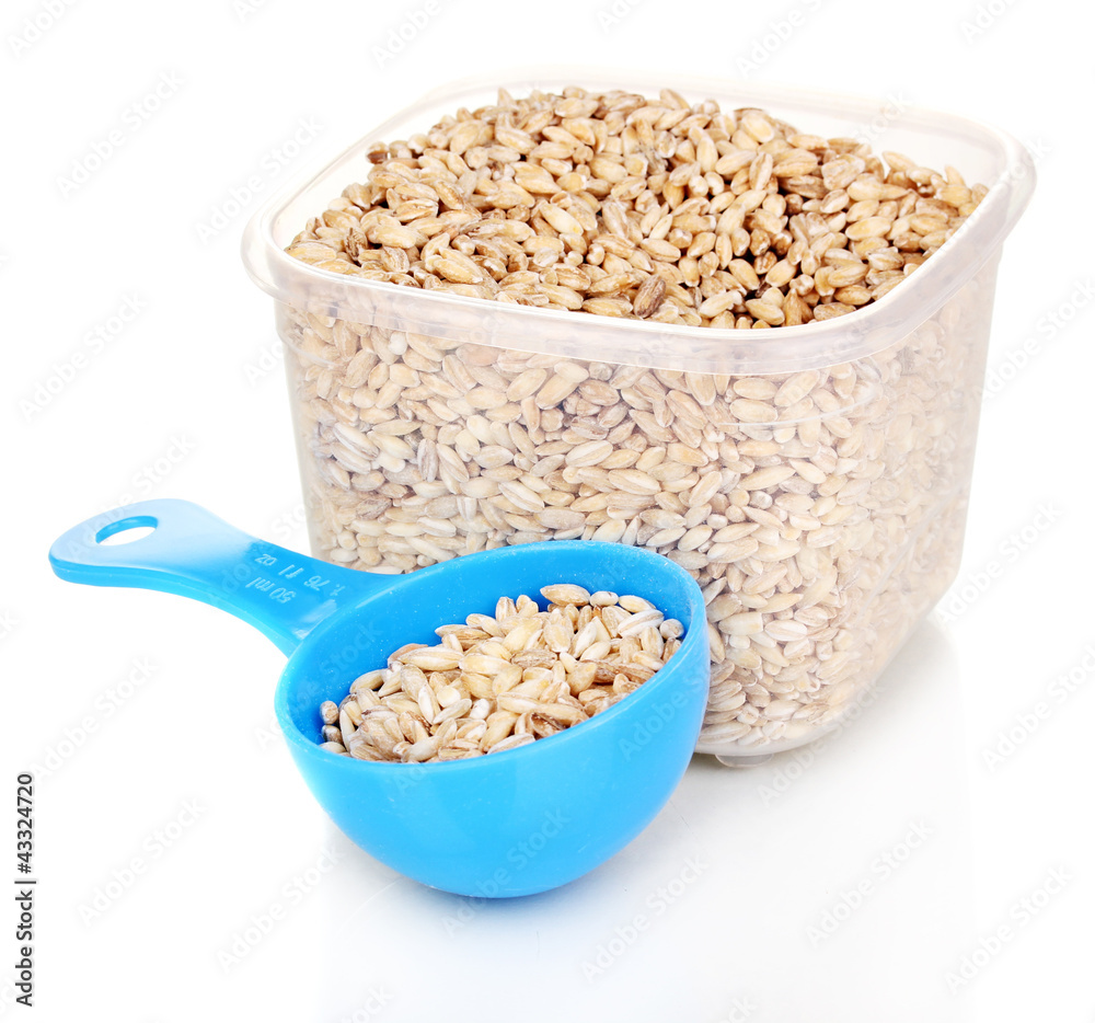 Measuring spoon and plastic container with grain isolated Measuring spoon and plastic container with grain isolated