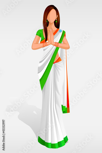 Editable vector illustration of Indian Lady in Indian Flag Sari