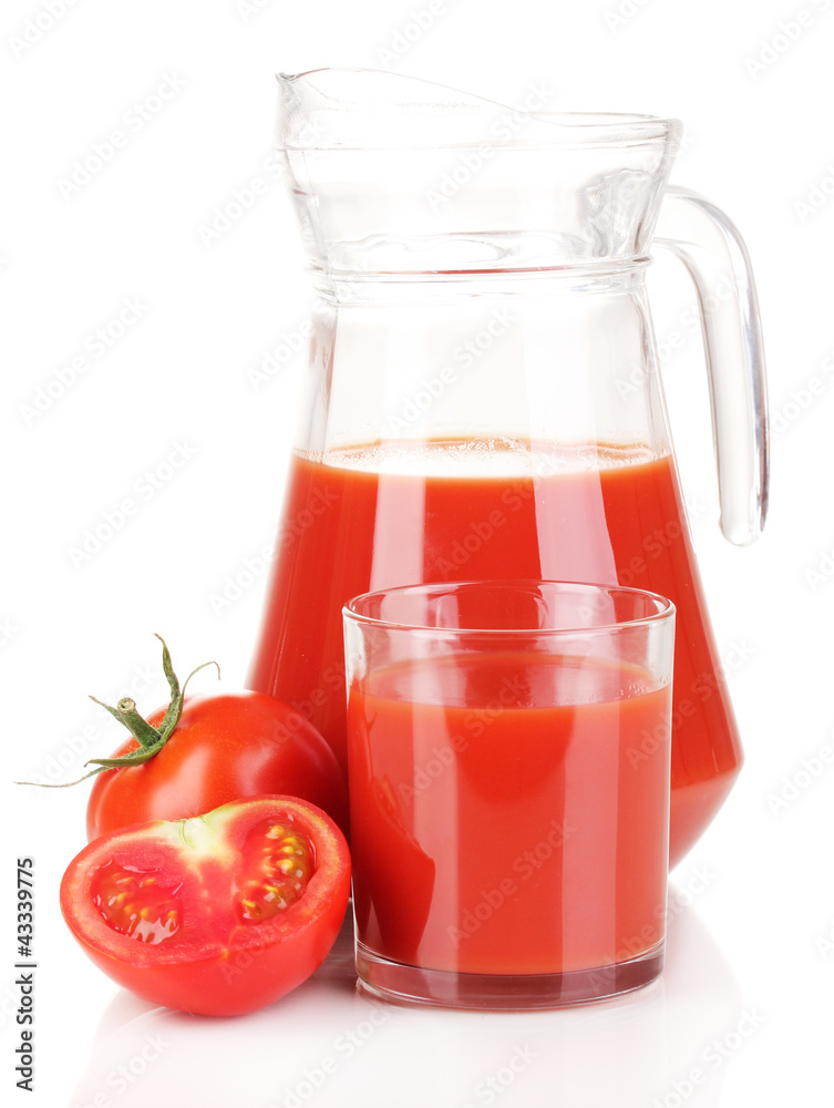 Tomato juice in pitcher and glass isolated on white Tomato juice in pitcher and glass isolated on white