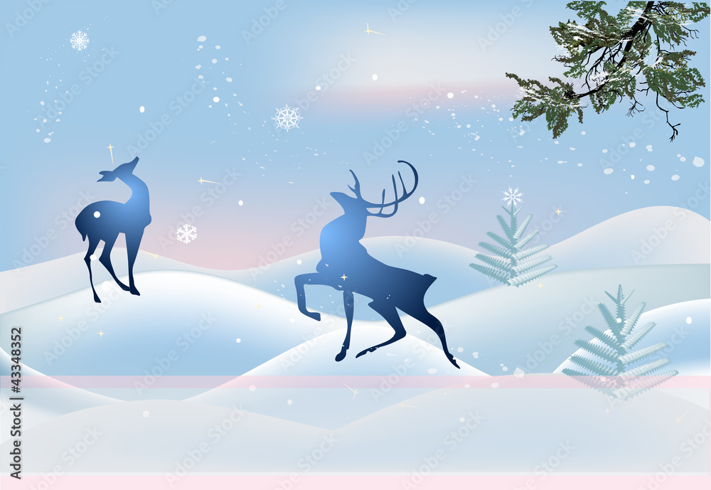 blue deers in winter snow landscape blue deers in winter snow landscape