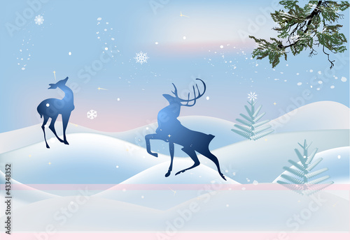 blue deers in winter snow landscape