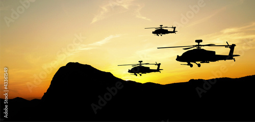 Helicopter silhouettes on sunset background