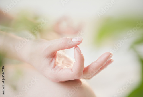 Close up of Korean woman's hands making yoga gesture