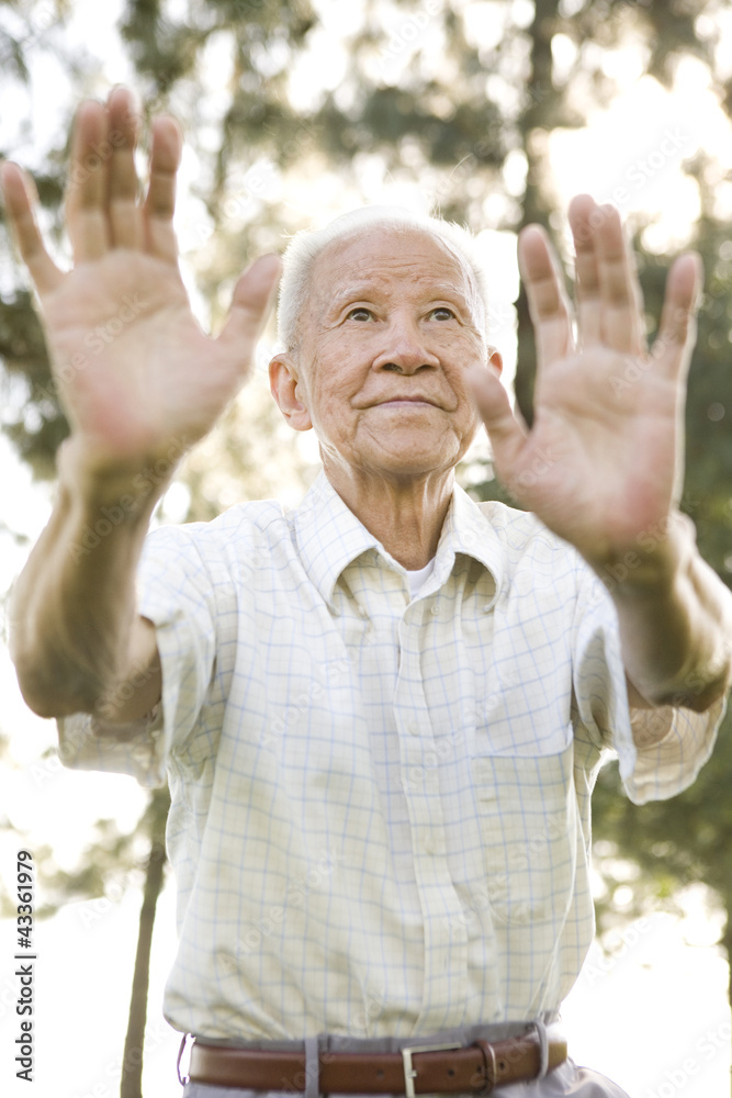Senior Chinese man doing tai chi outdoors Senior Chinese man doing tai chi outdoors