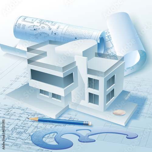 Architectural background with a 3D building model