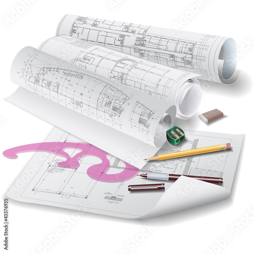 Architectural background with rolls of drawings