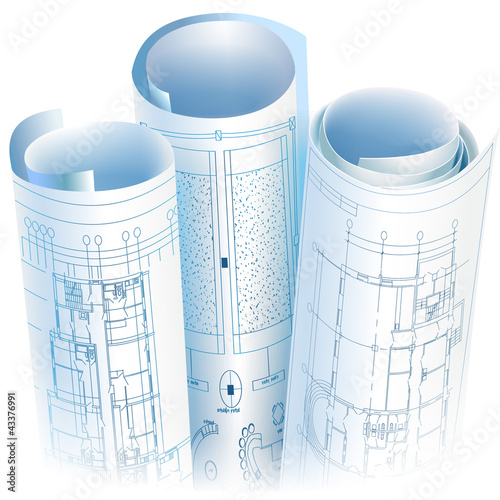 Architectural background with rolls of drawings