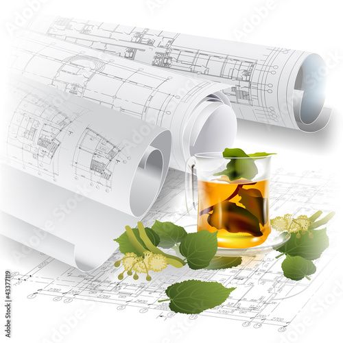 Architectural background with rolls of drawings