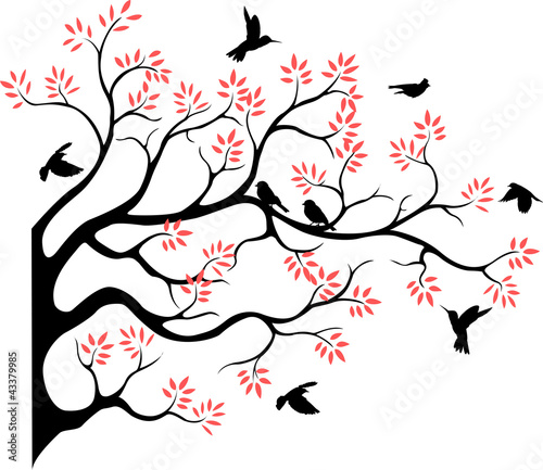 beautiful tree silhouette with bird flying
