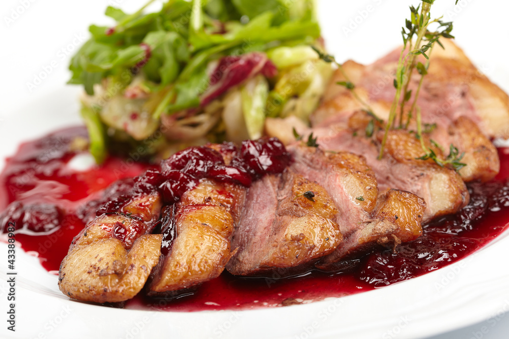grilled steak with cherry sauce