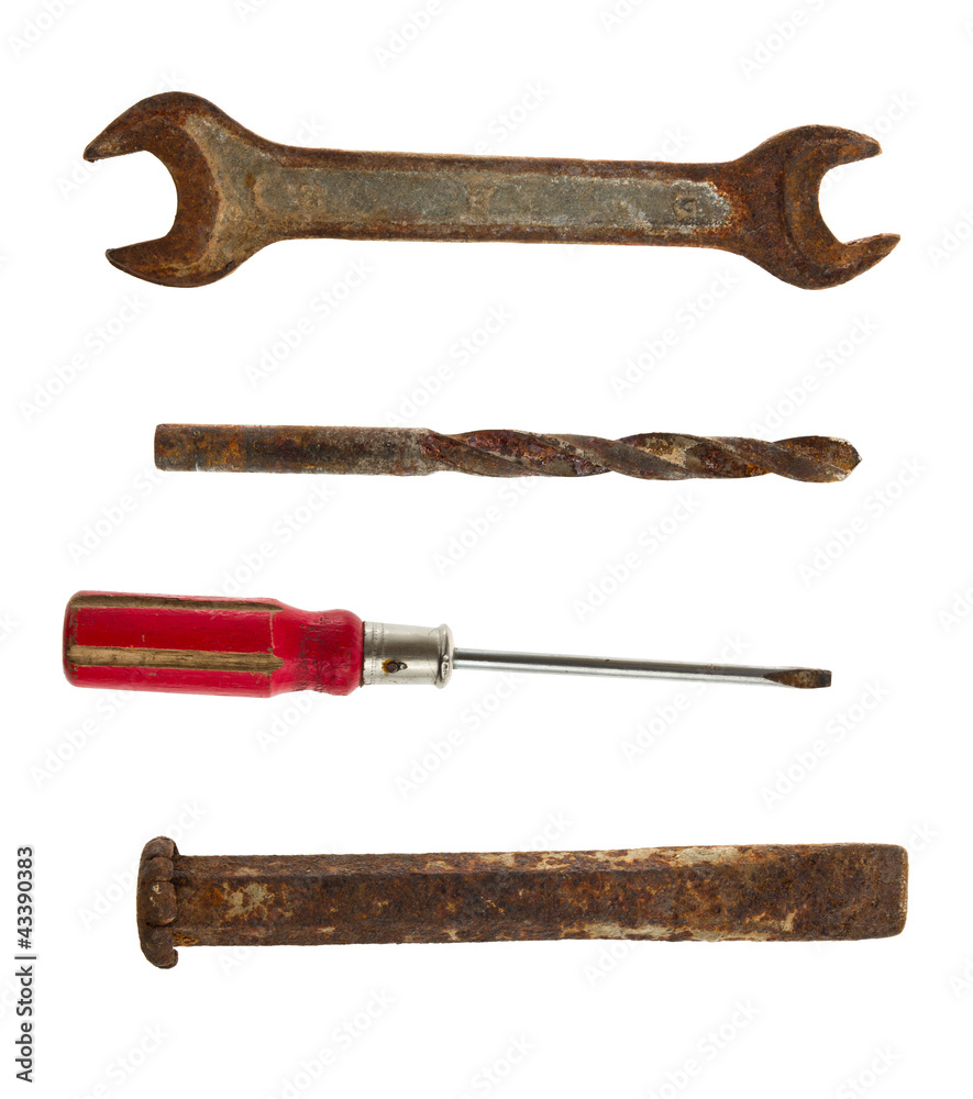 Collection of old tools of the wrench, screwdriver, chisel and d