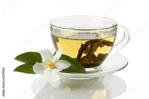 cup of green tea with jasmine flowers isolated on white