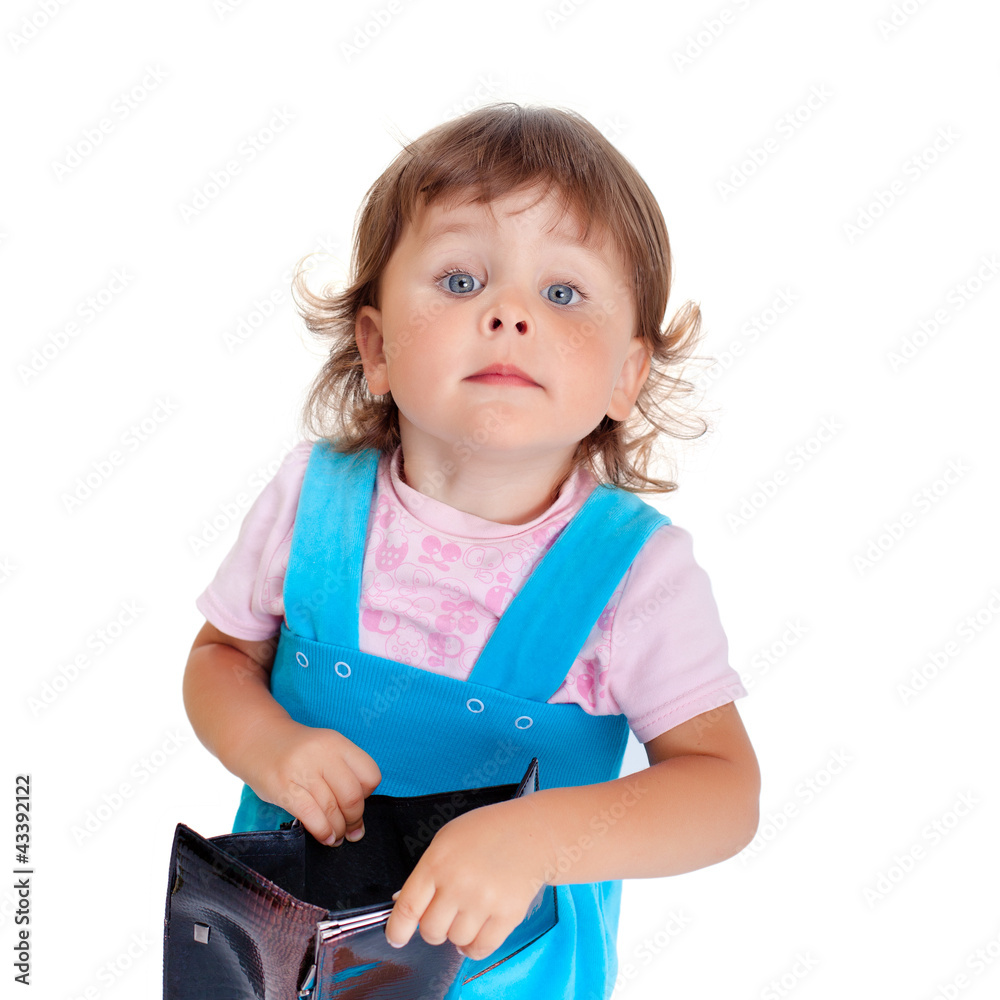Little girl with empty purse. Where's money? Little girl with empty purse. Where's money?