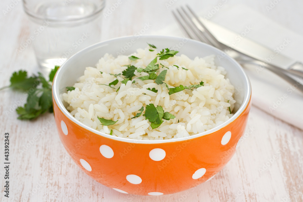 boiled rice in orange bowl with parsley boiled rice in orange bowl with parsley