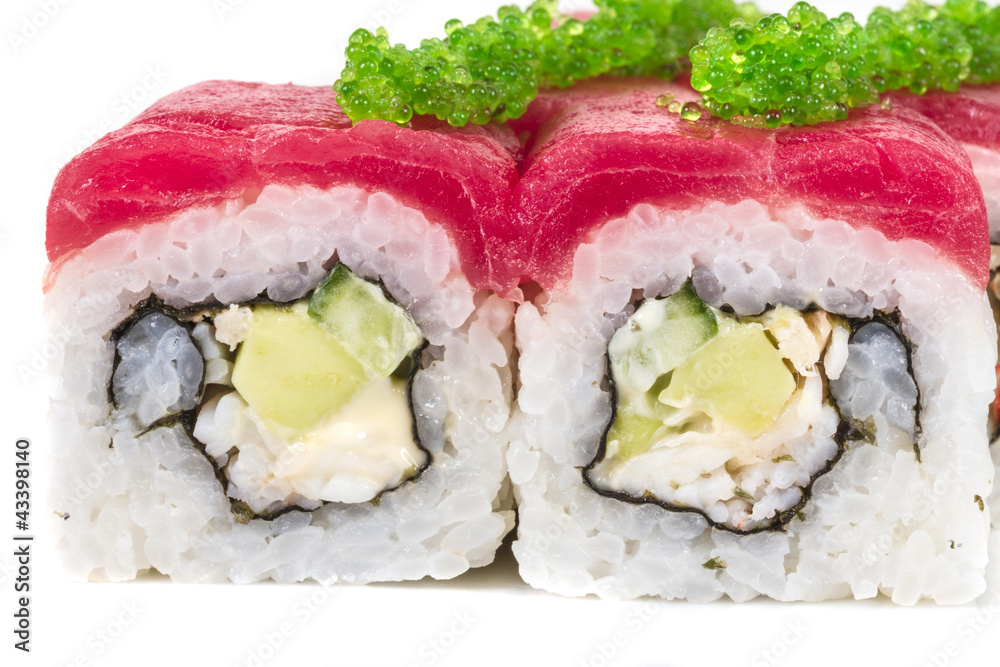 Maki Sushi - Roll made of Crab, avocado, cucumber inside. Fresh