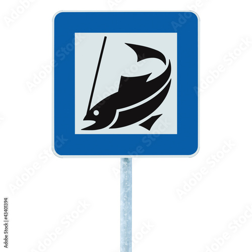 Fish camp sign isolated roadside signpost pole post angling area