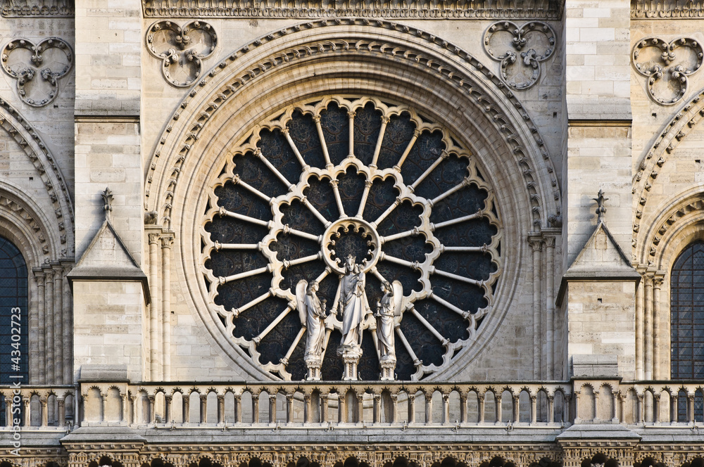 Stained facade window of Notre Dame