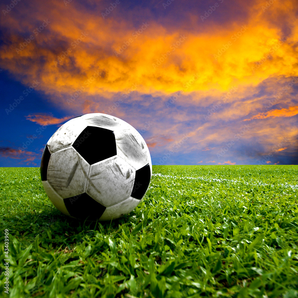 Fototapeta premium Football, real soccer ball on green grass at sunset