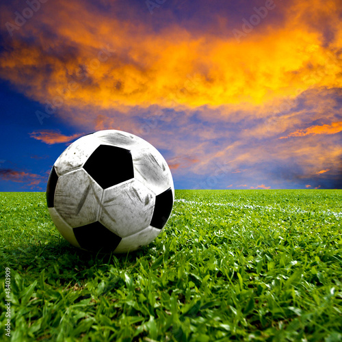 Football  real soccer ball on green grass at sunset