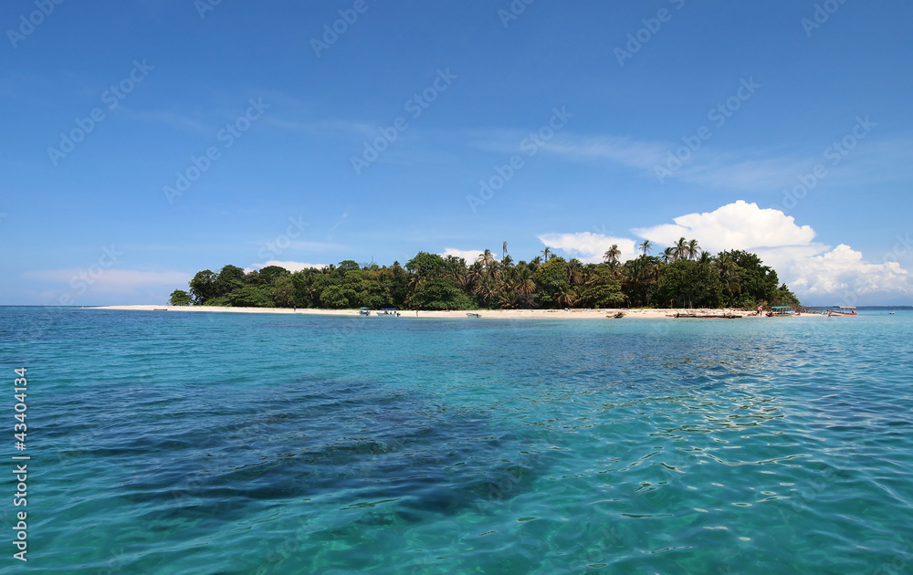Fototapeta premium Pristine tropical island with lush vegetation and boat tour landed on the beach, Caribbean sea, Panama, Central America