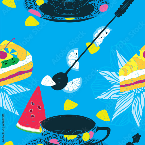 Cakes Pattern with Cup, Watermelon, Lemons and Pineapple