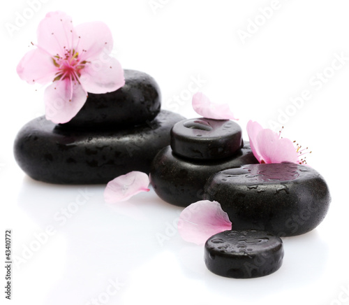 Spa stones with drops and pink sakura flowers isolated on